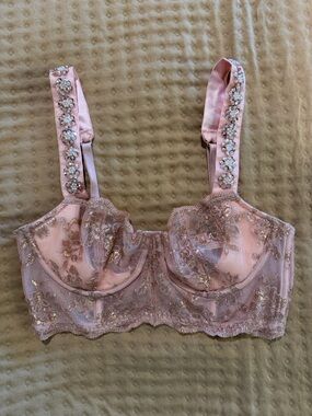 Victoria's Secret Pink Lace Longline Bra with Gold Accents